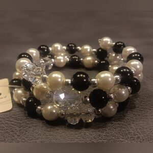 Classic Black and White Beaded Memory Wire Style Wrap Bracelet